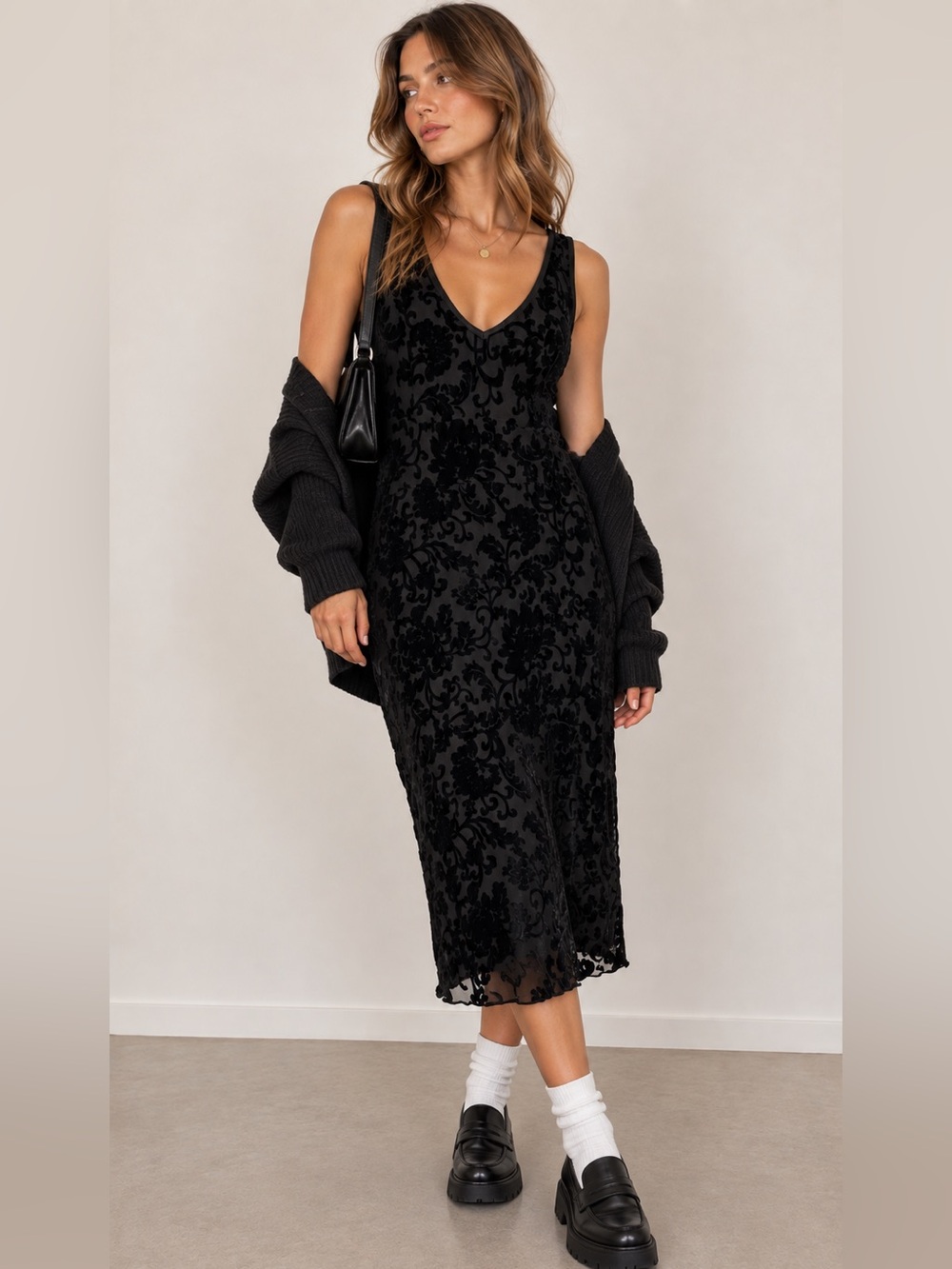 Vintage 90s Black Velvet Flocked Floral Midi Dress silk blend witchy romantic 8